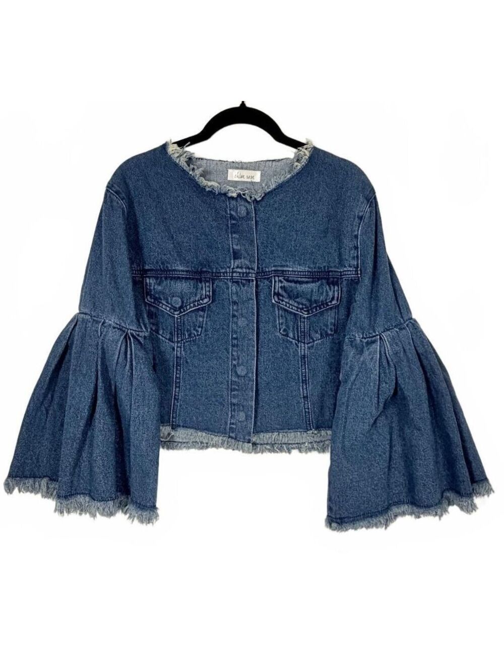 New Chloe Rose Denim Jacket Cropped Bell Sleeve‎ Ruffle Medium Wash Size Large